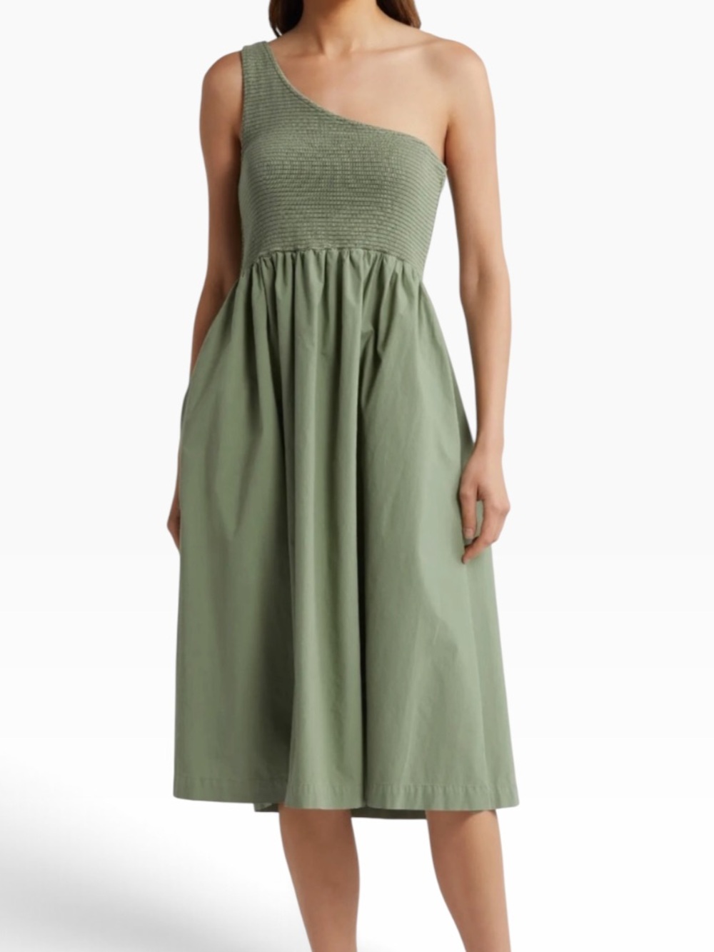 Nation LTD "Connie" Olive Green Pima Cotton One-Shoulder Sleeveless Aline Dress